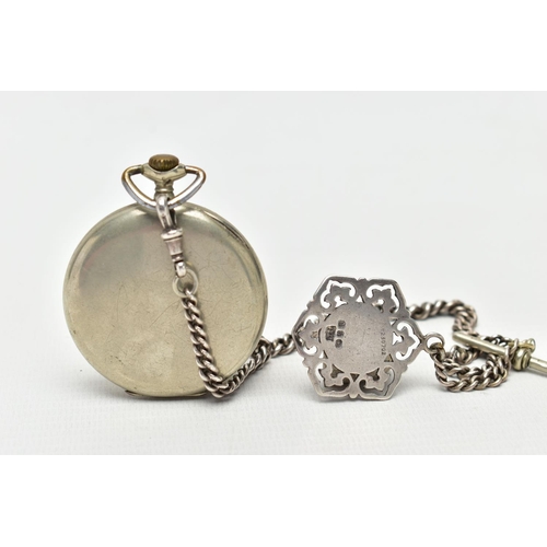 118 - AN OPEN FACE POCKET WATCH AND SILVER ALBERT CHAIN, manual wind pocket watch, round white dial, Arabi... 