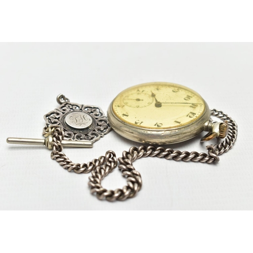 118 - AN OPEN FACE POCKET WATCH AND SILVER ALBERT CHAIN, manual wind pocket watch, round white dial, Arabi... 