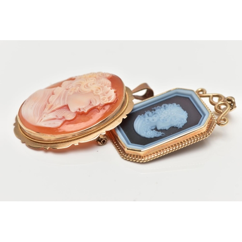 12 - TWO CAMEO PENDANTS, the first a modern agate cameo set in 9ct yellow gold Birmingham 1995, approxima... 