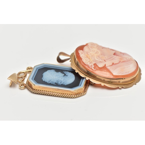 12 - TWO CAMEO PENDANTS, the first a modern agate cameo set in 9ct yellow gold Birmingham 1995, approxima... 