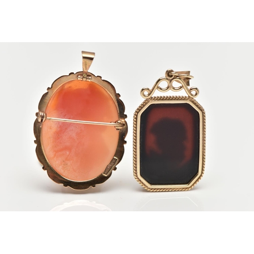 12 - TWO CAMEO PENDANTS, the first a modern agate cameo set in 9ct yellow gold Birmingham 1995, approxima... 