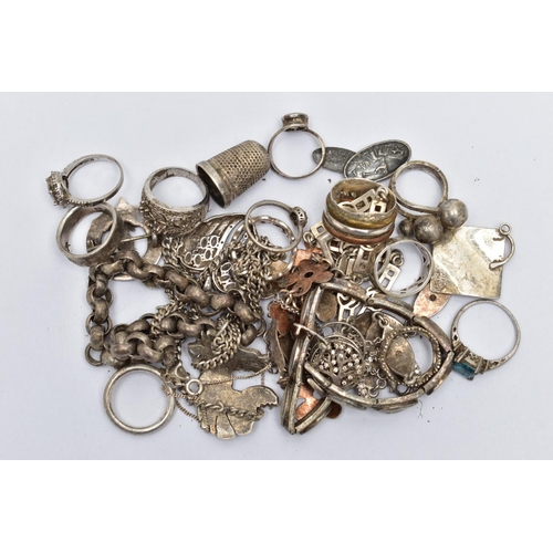 120 - A BAG OF ASSORTED SILVER AND WHITE METAL JEWELLERY, to include a silver thimble hallmarked Chester, ... 