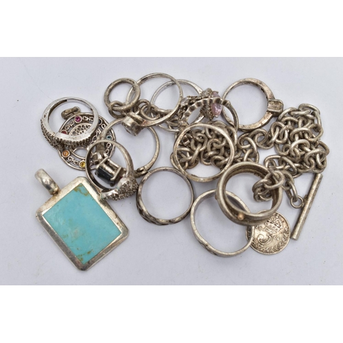 121 - A BAG OF ASSORTED JEWELLERY, to include a  silver rolo link chain with toggle clasp, a silver turquo... 