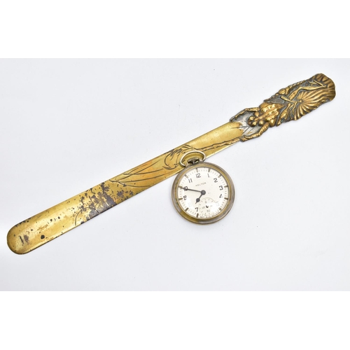 127 - A LETTER OPENER AND A POCKET WATCH, brass letter opener with a floral pattern, together with an open... 