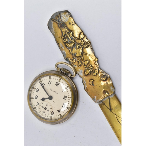 127 - A LETTER OPENER AND A POCKET WATCH, brass letter opener with a floral pattern, together with an open... 