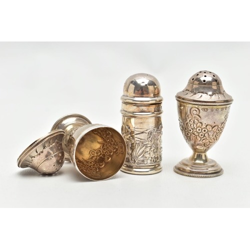 131 - THREE SILVER PEPPERETTES, two matching pepperettes decorated with a floral design, hallmarked 'Georg... 