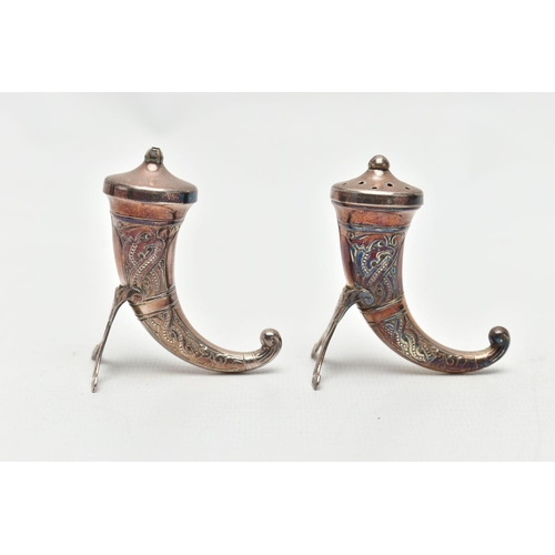 132 - A PAIR OF 'THEODOR OLSENS' SALT AND PAPPER SHAKERS, cornucopia design Viking horns, fitted with stan... 