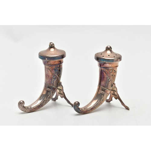 132 - A PAIR OF 'THEODOR OLSENS' SALT AND PAPPER SHAKERS, cornucopia design Viking horns, fitted with stan... 