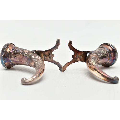 132 - A PAIR OF 'THEODOR OLSENS' SALT AND PAPPER SHAKERS, cornucopia design Viking horns, fitted with stan... 