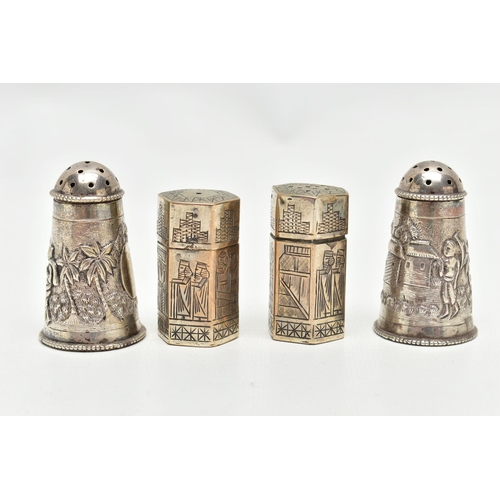 133 - WHITE METAL TABLEWARE, to include a pair of hexagon shaped Russian salt and pepper cellars, stamped ... 