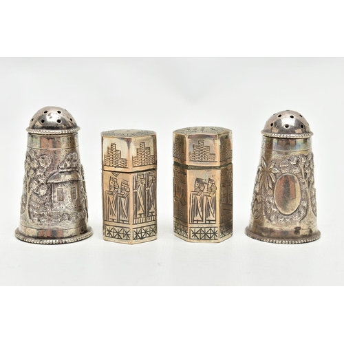 133 - WHITE METAL TABLEWARE, to include a pair of hexagon shaped Russian salt and pepper cellars, stamped ... 