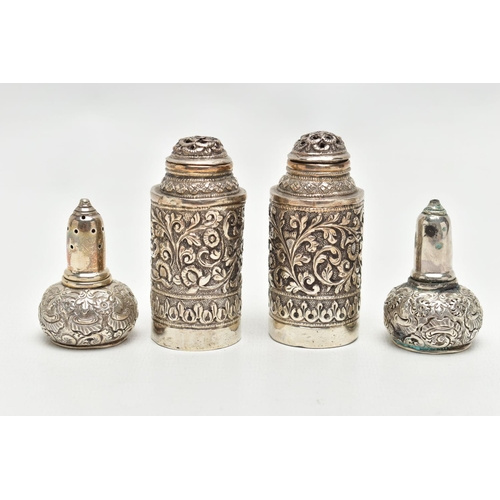 135 - A PAIR OF SILVER SALT AND PEPPER SHAKERS AND A PAIR OF WHITE METAL PEPPERETTES, small pair of salt a... 