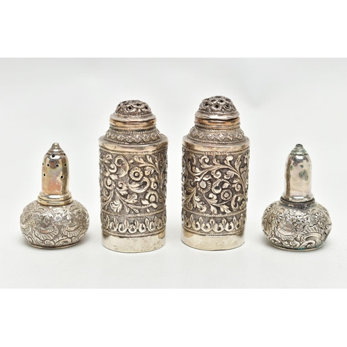 135 - A PAIR OF SILVER SALT AND PEPPER SHAKERS AND A PAIR OF WHITE METAL PEPPERETTES, small pair of salt a... 