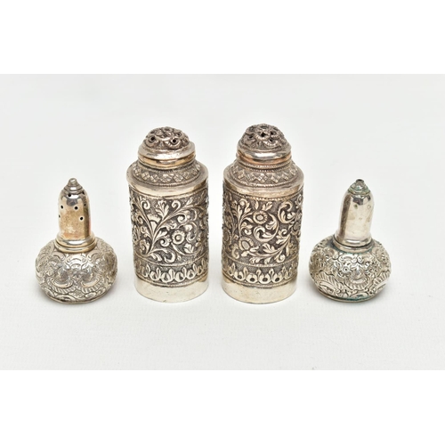 135 - A PAIR OF SILVER SALT AND PEPPER SHAKERS AND A PAIR OF WHITE METAL PEPPERETTES, small pair of salt a... 