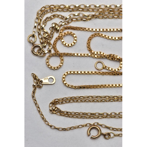 14 - THREE 9CT GOLD CHAINS, the first a fine 9ct gold belcher chain, fitted with a spring clasp, approxim... 