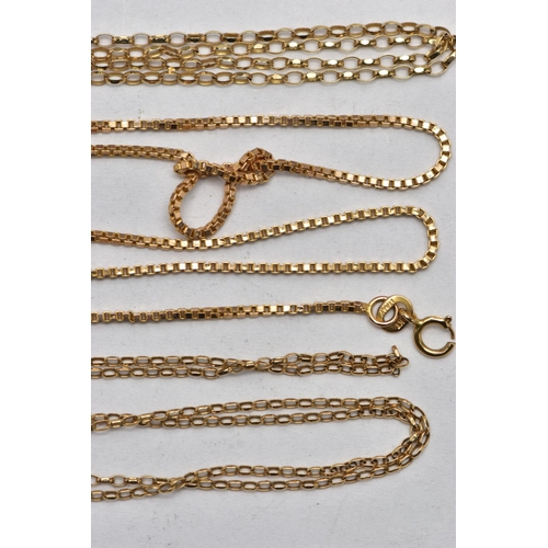 14 - THREE 9CT GOLD CHAINS, the first a fine 9ct gold belcher chain, fitted with a spring clasp, approxim... 