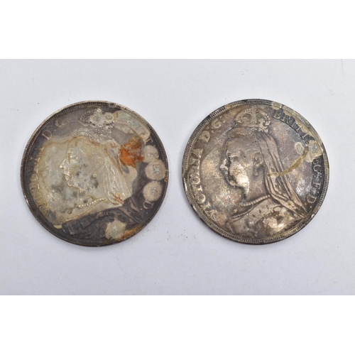 142 - TWO SILVER CROWN COINS, each depicting Queen Vicotria, dated 1899, approximate gross weight 56.1 gra... 