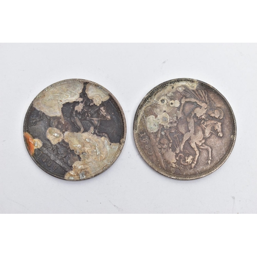 142 - TWO SILVER CROWN COINS, each depicting Queen Vicotria, dated 1899, approximate gross weight 56.1 gra... 