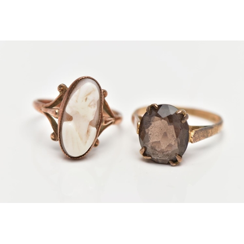 16 - TWO 9CT GOLD RINGS, the first a shell cameo, collet set in rose gold, leading on to trifurcated shou... 