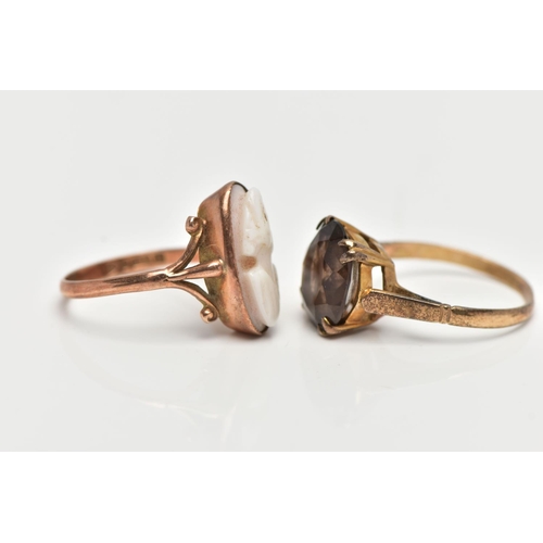 16 - TWO 9CT GOLD RINGS, the first a shell cameo, collet set in rose gold, leading on to trifurcated shou... 