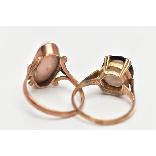 16 - TWO 9CT GOLD RINGS, the first a shell cameo, collet set in rose gold, leading on to trifurcated shou... 