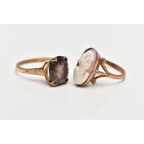 16 - TWO 9CT GOLD RINGS, the first a shell cameo, collet set in rose gold, leading on to trifurcated shou... 