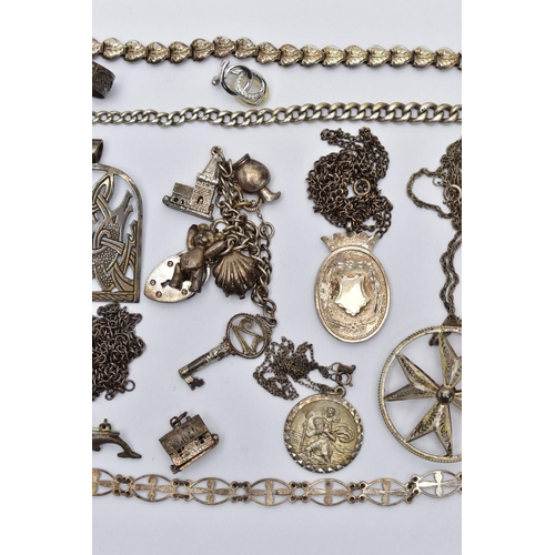 19 - A SELECTION OF SILVER AND WHITE METAL JEWELLERY, to include a foliage link chain necklace, hallmarke... 