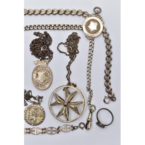 19 - A SELECTION OF SILVER AND WHITE METAL JEWELLERY, to include a foliage link chain necklace, hallmarke... 