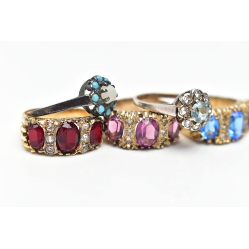 21 - A SELECTION OF SEVEN RINGS, to include a white metal eternity ring, grain set with circular cut cubi... 