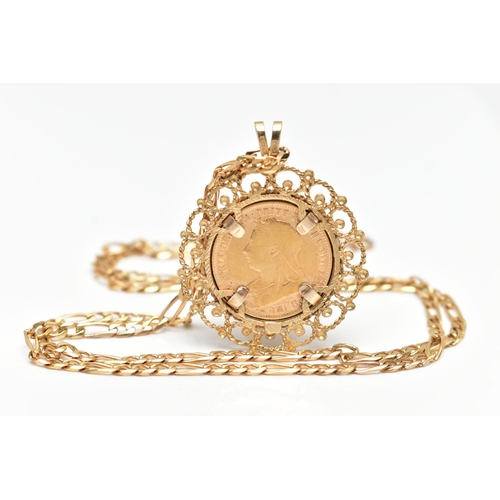 22 - A HALF SOVEREIGN PENDANT WITH 9CT YELLOW GOLD CHAIN, the half Sovereign dated 1893, within a 9ct yel... 