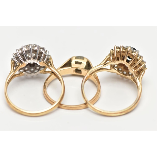 25 - A SELECTION OF THREE 9CT YELLOW GOLD RINGS, to include a colourless paste ring, hallmarked Birmingha... 