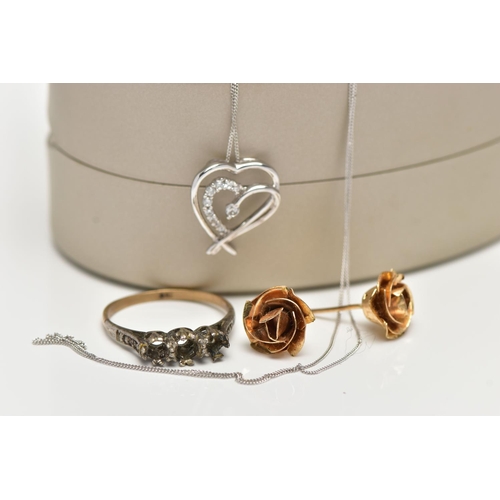 29 - A 9CT GOLD NECKLACE, PAIR OF EARRINGS AND A YELLOW AND WHITE METAL RING, the first a double heart pe... 