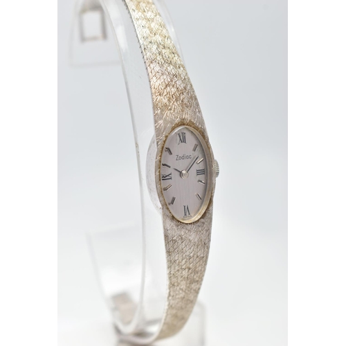 3 - A LADIES 18CT WHITE GOLD 'ZODIAC' WRISTWATCH, manual wind, oval silver dial signed 'Zodiac', alterna... 