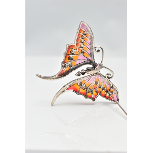 35 - A PLIQUE A JOUR GEM AND MARCASITE BUTTERFLY BROOCH/PENDANT, the red to orange plique-a-jour wings ed... 