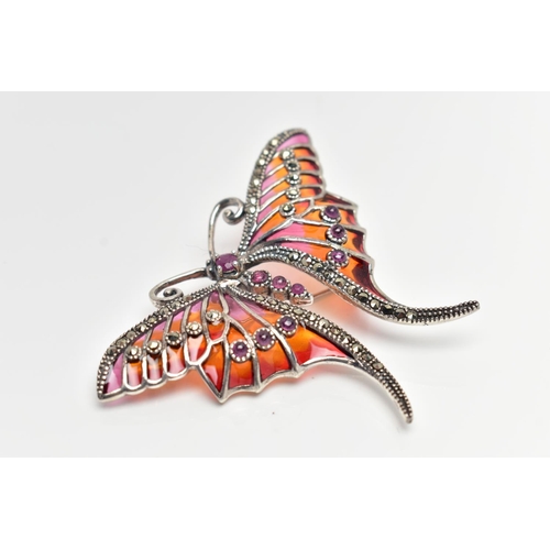 35 - A PLIQUE A JOUR GEM AND MARCASITE BUTTERFLY BROOCH/PENDANT, the red to orange plique-a-jour wings ed... 