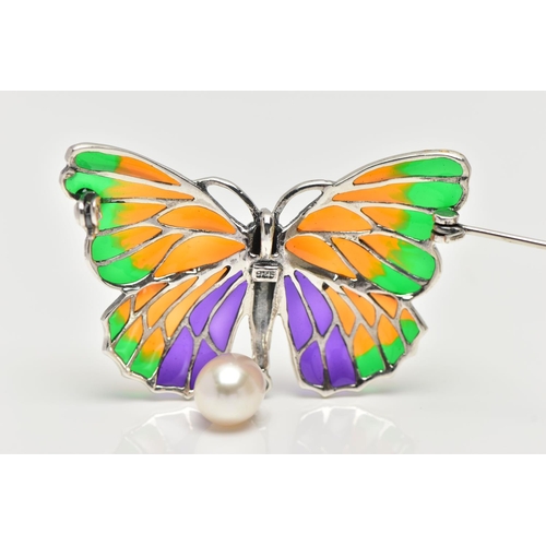 37 - A PLIQUE A JOUR AND GEM BUTTERFLY BROOCH/PENDANT, with green, orange and purple plique-a-jour wings ... 