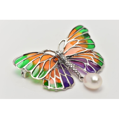 37 - A PLIQUE A JOUR AND GEM BUTTERFLY BROOCH/PENDANT, with green, orange and purple plique-a-jour wings ... 