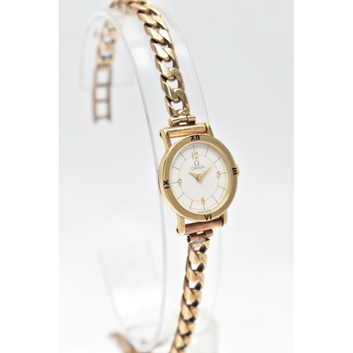 4 - A LADIES 9CT GOLD 'OMEGA' QUARTZ WRISTWATCH, quartz movement, round white dial signed 'Omega', Arabi... 