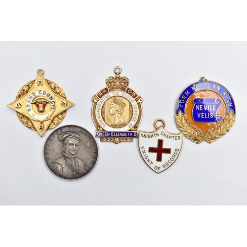 43 - FIVE SILVER MEDALS/BADGES, four gold plated examples, to include a Masonic Grand Council medal and a... 