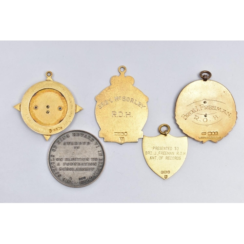 43 - FIVE SILVER MEDALS/BADGES, four gold plated examples, to include a Masonic Grand Council medal and a... 