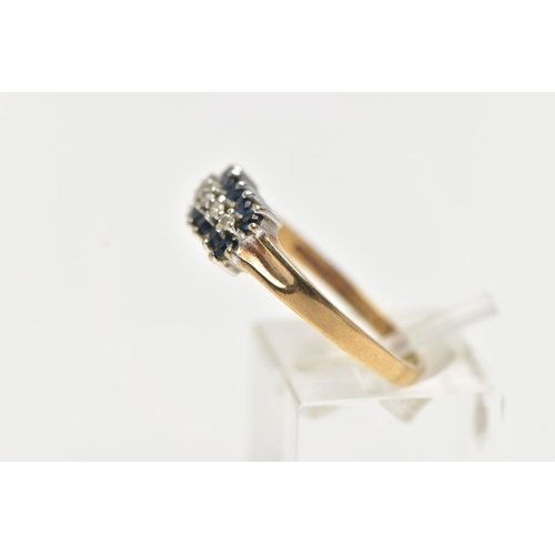 46 - A 9CT YELLOW GOLD, SAPPHIRE AND DIAMOND RING, designed with a row of claw set, single cut diamonds, ... 