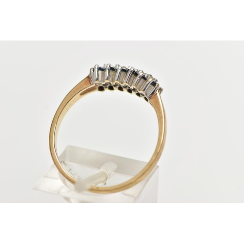 46 - A 9CT YELLOW GOLD, SAPPHIRE AND DIAMOND RING, designed with a row of claw set, single cut diamonds, ... 