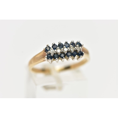 46 - A 9CT YELLOW GOLD, SAPPHIRE AND DIAMOND RING, designed with a row of claw set, single cut diamonds, ... 