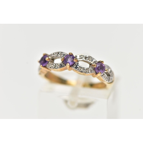 48 - A 9CT YELLOW GOLD, AMETHYST AND DIAMOND RING, designed with three claw set, circular cut amethysts, ... 