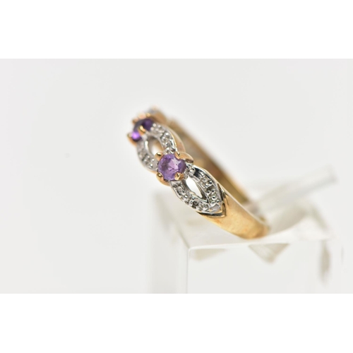 48 - A 9CT YELLOW GOLD, AMETHYST AND DIAMOND RING, designed with three claw set, circular cut amethysts, ... 