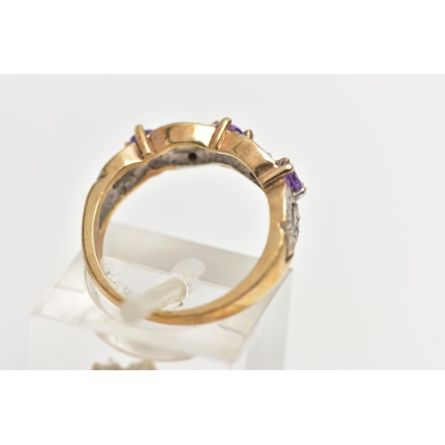 48 - A 9CT YELLOW GOLD, AMETHYST AND DIAMOND RING, designed with three claw set, circular cut amethysts, ... 