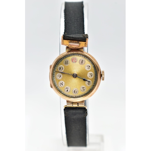 5 - A LADIES 9CT GOLD EARLY 20TH CENTURY WRISTWATCH, manual wind needs attention, round gold dial, Arabi... 