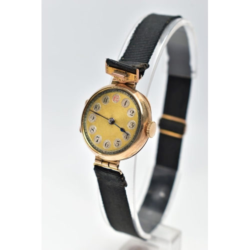 5 - A LADIES 9CT GOLD EARLY 20TH CENTURY WRISTWATCH, manual wind needs attention, round gold dial, Arabi... 