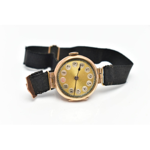 5 - A LADIES 9CT GOLD EARLY 20TH CENTURY WRISTWATCH, manual wind needs attention, round gold dial, Arabi... 