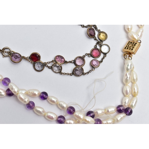 55 - MULTI GEMSTONE SET RIVIERE NECKLACE AND A CULTURED PEARL NECKALCE, featuring various circular cut ge... 